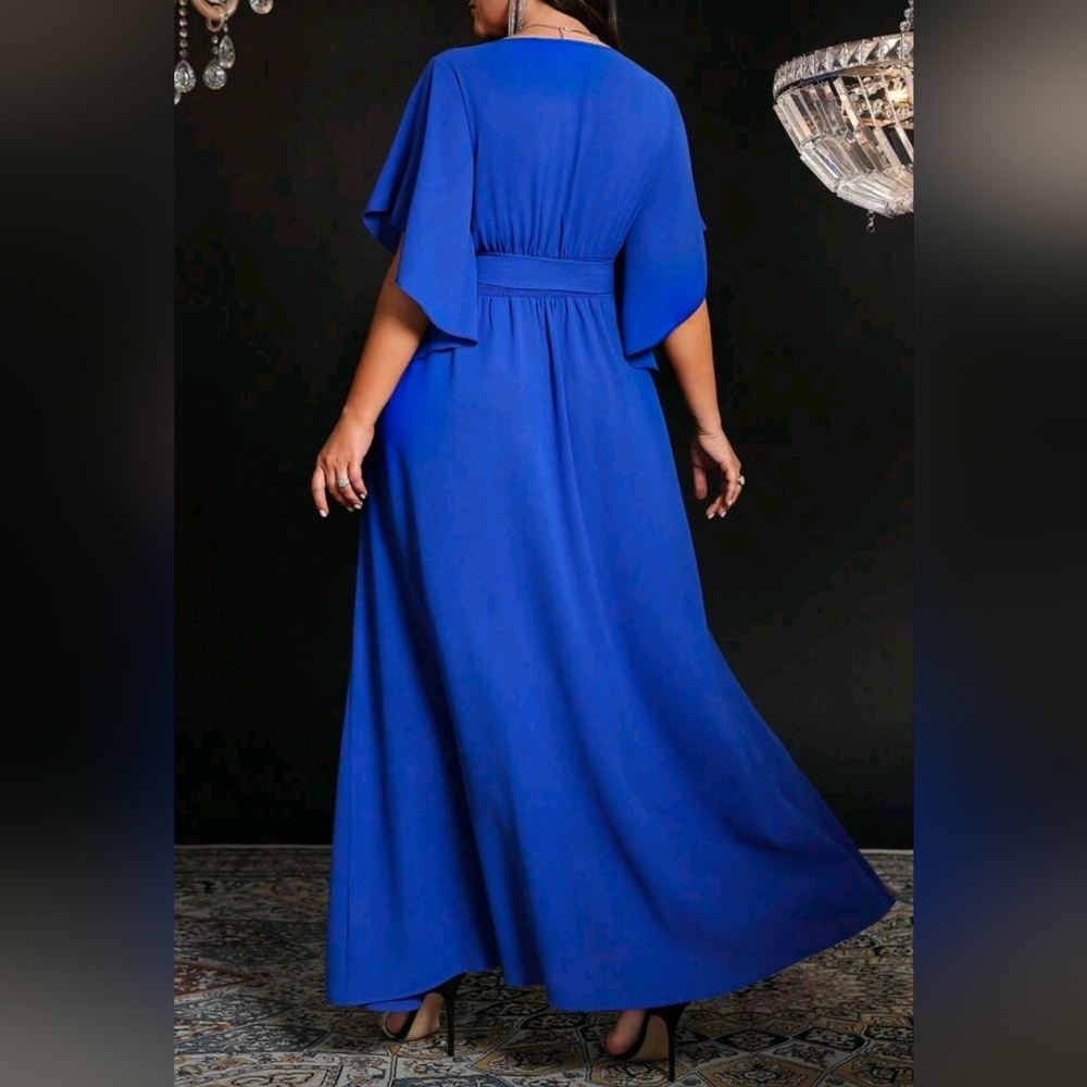 New Flowy Wrap Top Banded Waist Maxi Dress Belt Tie PLUS Blue - Picture 4 of 7